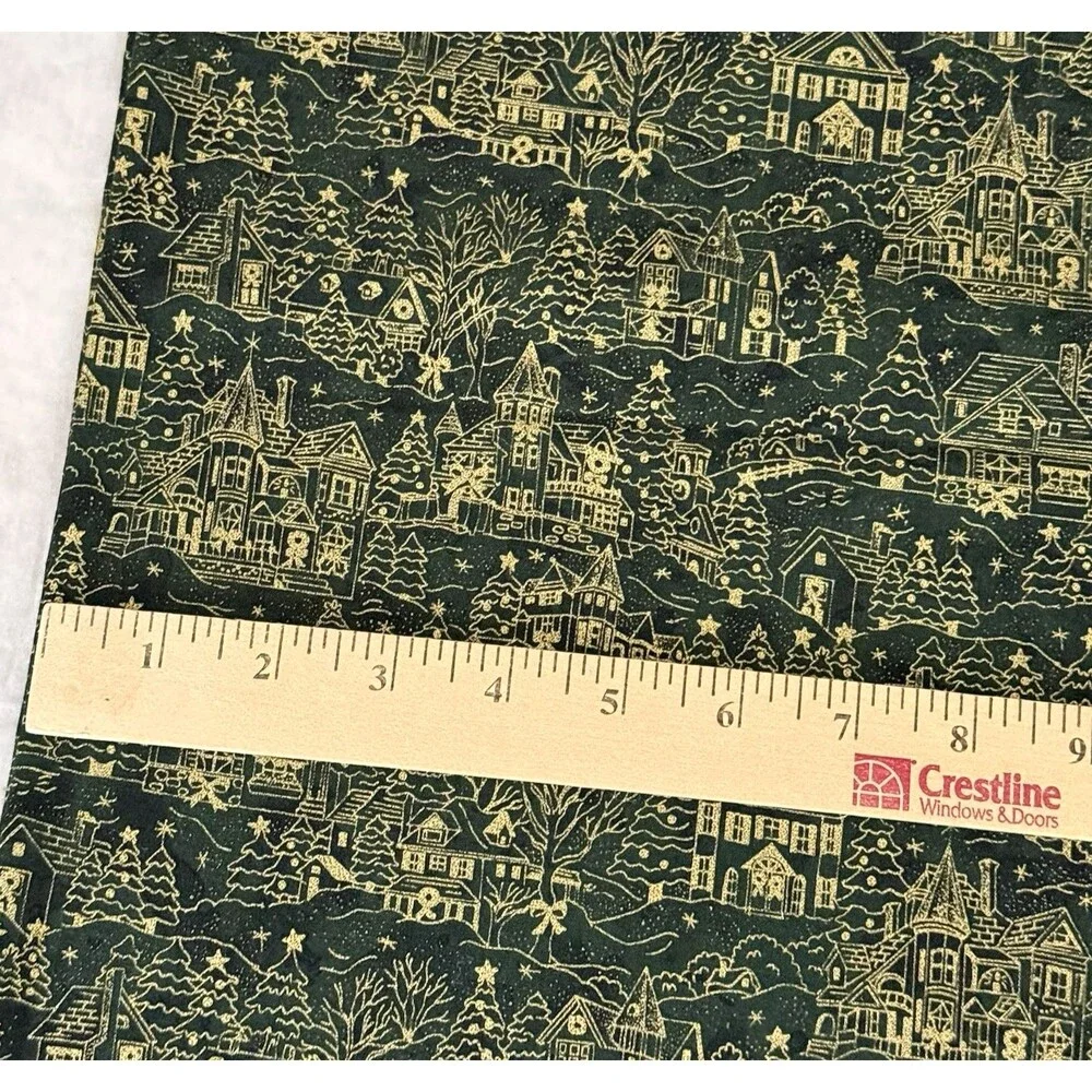 Vtg 50s Xmas Houses Village Gold Metallic Green Cotton Quilt Fabric 1yd x 40.5W